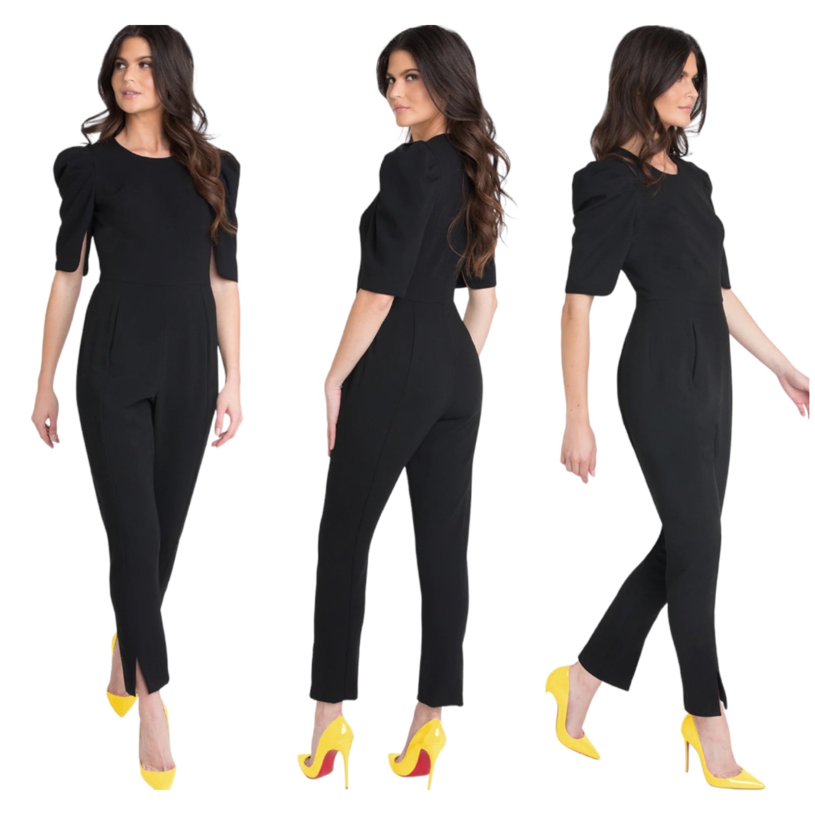 Black Halo Nwt Russo Puff Shoulder Jumpsuit Black Size 6 Slim Leg Front Pockets